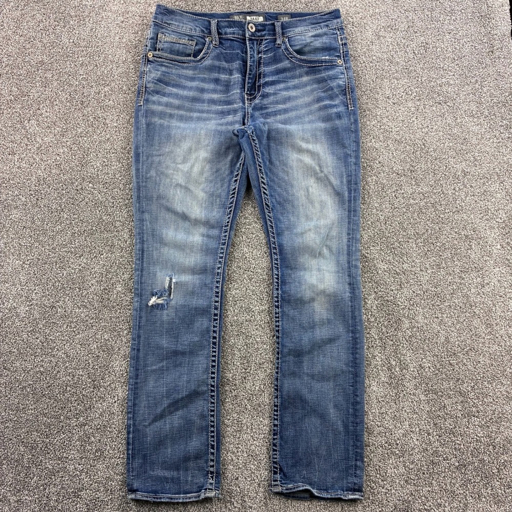 BKE Buckle Jeans Mens 34R Blue Jake Straight Leg‎ Western White Stitch Whiskers